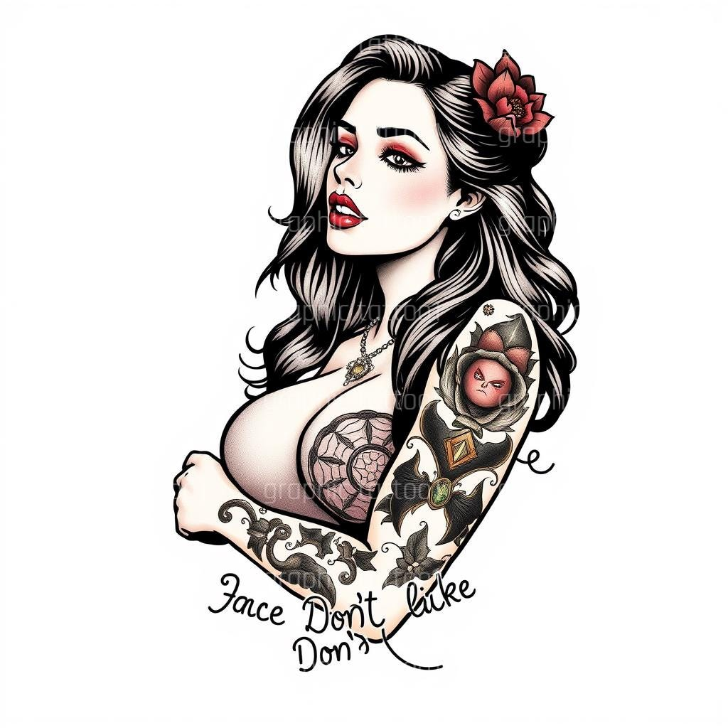 il_fullxfull.6365192460_b04s.jpg Unique Tattoo Designs for Artists | Vintage Tattooed Girl Clipart, Floral and Traditional Tattoos | Digital Downloads and Stencils Gift - Image 1