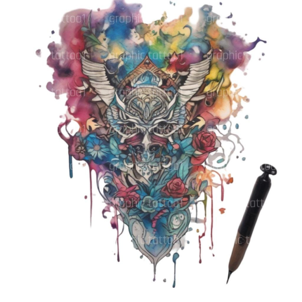 Unique Tattoo SVG - Colorful Skull and Rose Watercolor Design - Digital Download Art for Tattoo Stencils & Crafts