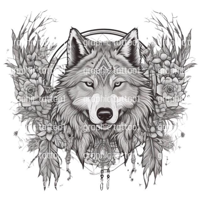 il_fullxfull.6381193000_aoub.jpg 5 Wolf Dreamcatcher Floral Design Bundle | Digital Download Tattoo, T-Shirt, Wall Art - Animal SVG PNG | Perfect for DIY Projects Gift - Image 1