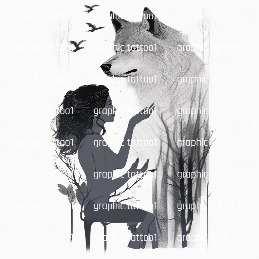 il_fullxfull.6401456922_5cyx.jpg Wolf Girl Tattoo Design - High Resolution Digital Art PNG & Printable SVG Tattoo Stencil for Instant Download - Image 1