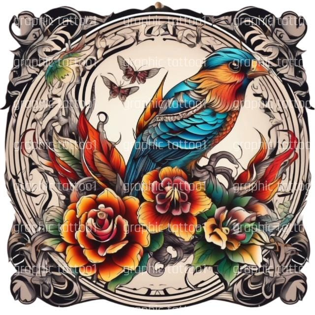il_fullxfull.6423348197_5xy6.jpg Unique Tattoo Stencils | Bird & Butterfly Floral Digital SVG Art for Stylish Tattoos | Printable Gift Design - Image 1