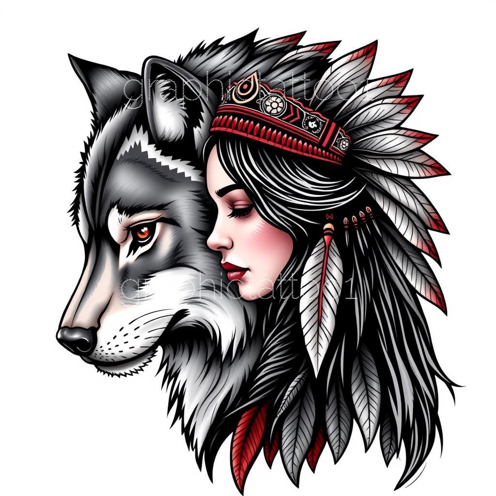 il_fullxfull.6433970694_6d83.jpg Unique Native American Girl Wolf Tattoo Art - High-Res PNG Download, Boho Printable Decor for Home & Office - Image 1