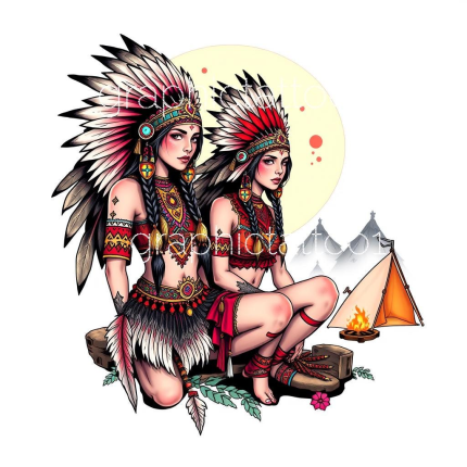 Native American Girls Camps Tattoo Art | 4 Unique Boho Style High-Res PNG Downloads for Home & Office Decor