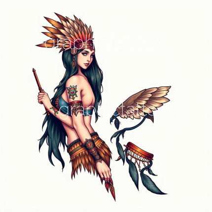 Native American Girl Tattoo Art - 5 Unique High-Res PNG Download, Boho Style Digital T-Shirt Design, Printable Artwork