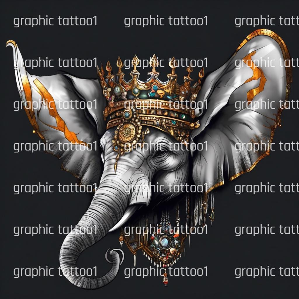 il_fullxfull.6453555627_bds1.jpg Elephant King Tattoo Design | High Resolution PNG File Download | Artistic Animal Tattoo Art on White Background - Image 1