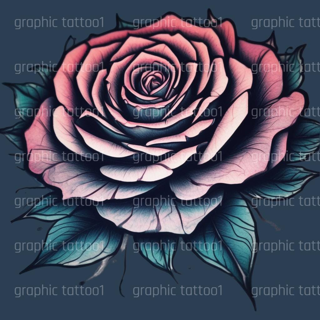 il_fullxfull.6455323075_hivk.jpg Rose With Leafs Tattoo - High Resolution Digital Art | Printable PNG and SVG Stencil for DIY Projects & Crafts - Image 1