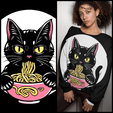 Pink & Black Retro Noodle Cat Shirt - Cute Cat Lover Tee (Digital Download)