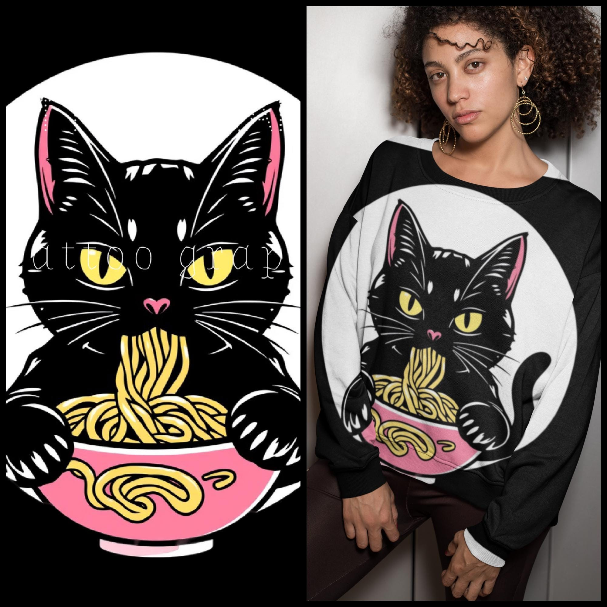 il_fullxfull.6478814534_rxqr.jpg Pink & Black Retro Noodle Cat Shirt - Cute Cat Lover Tee (Digital Download) - Image 1