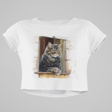 Cute Framed Cat Sitting on Windowsill, Smoking & Watching Rain, Funny Cat Art Gift for Friends