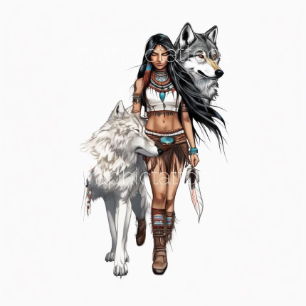 Native American Girl Wolf Tattoo Art PNG - Digital Download for Home & Office Decor, Unique Wall Art, Boho Chic, Instant Download