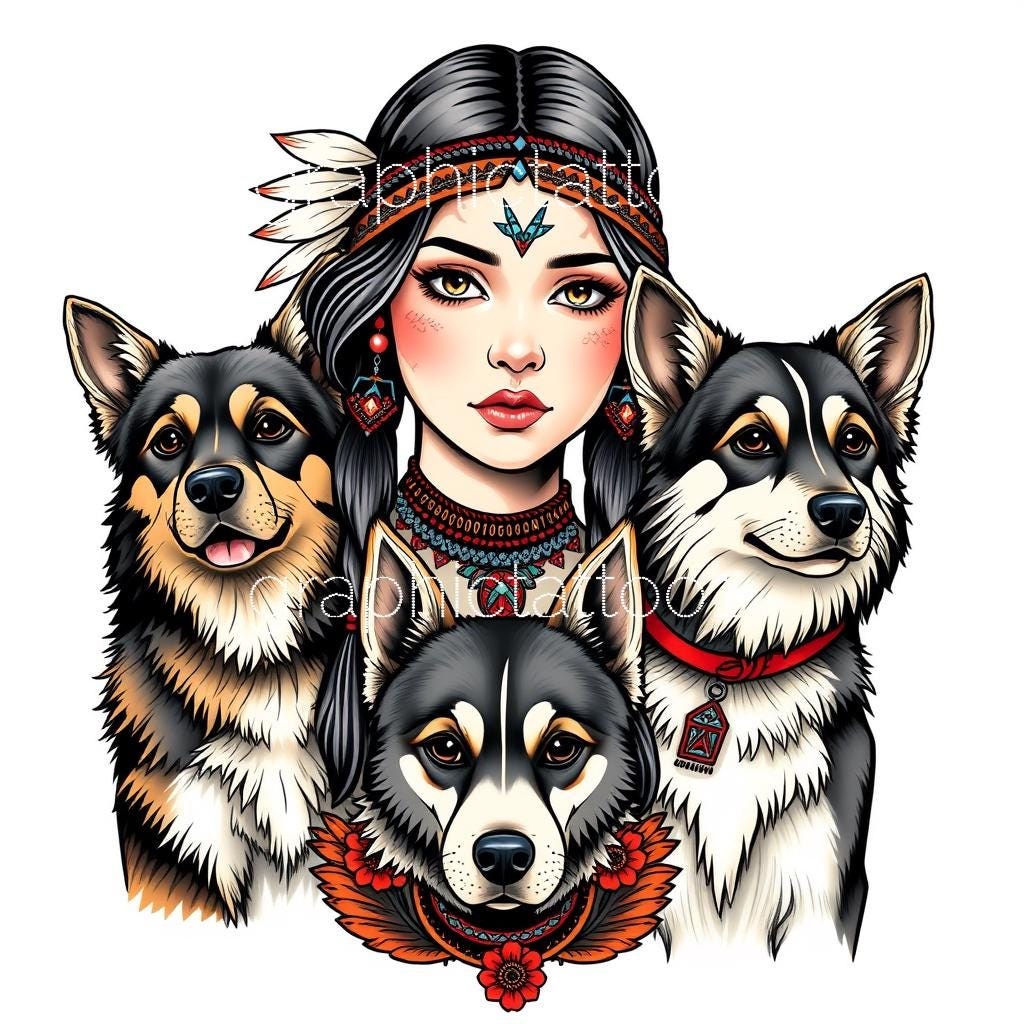 il_fullxfull.6482113639_n8d3.jpg Unique Native American Girl & Dogs Color Tattoo Art | High-Res PNG Download for Scrapbooking Crafts - Image 1