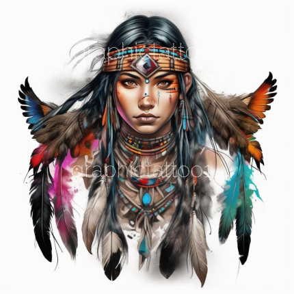 Unique Native American Girl Tattoo Art | High-Res PNG Download for Home & Office Decor | Boho Style Digital Print