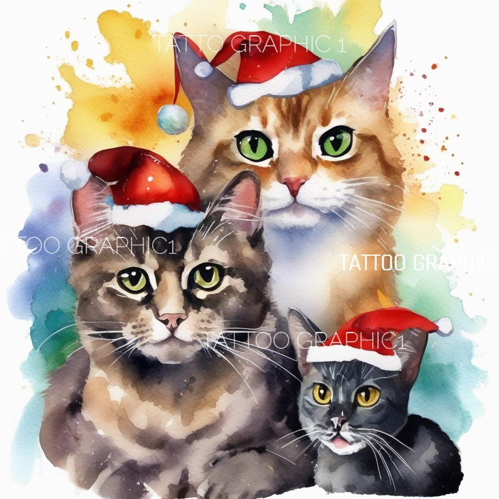 il_fullxfull.6482390332_3t3a.jpg Watercolor Christmas Cats PNG - 40 Festive Cat Breeds with Santa Hats, Sublimation Cat Designs, Digital Download - Image 1