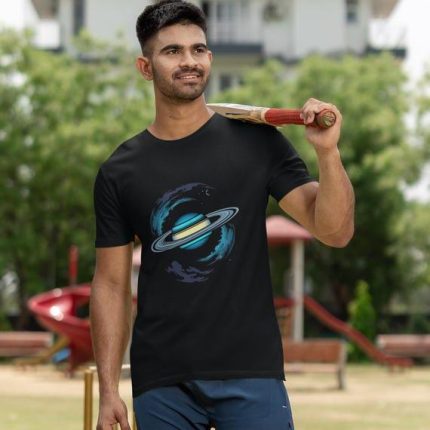 Aqua Black Saturn Print Tee - Astronomy Enthusiast Shirt Digital Download