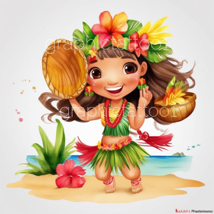 Hawaiian Hula Girl Clipart Watercolor Tropical Beach PNG Bundle Luau Party Decor