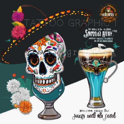 Festive Dia de los Muertos Clipart - Sugar Skull with Sombrero & Beer PNG for Halloween, Party Decoration, DIY Projects
