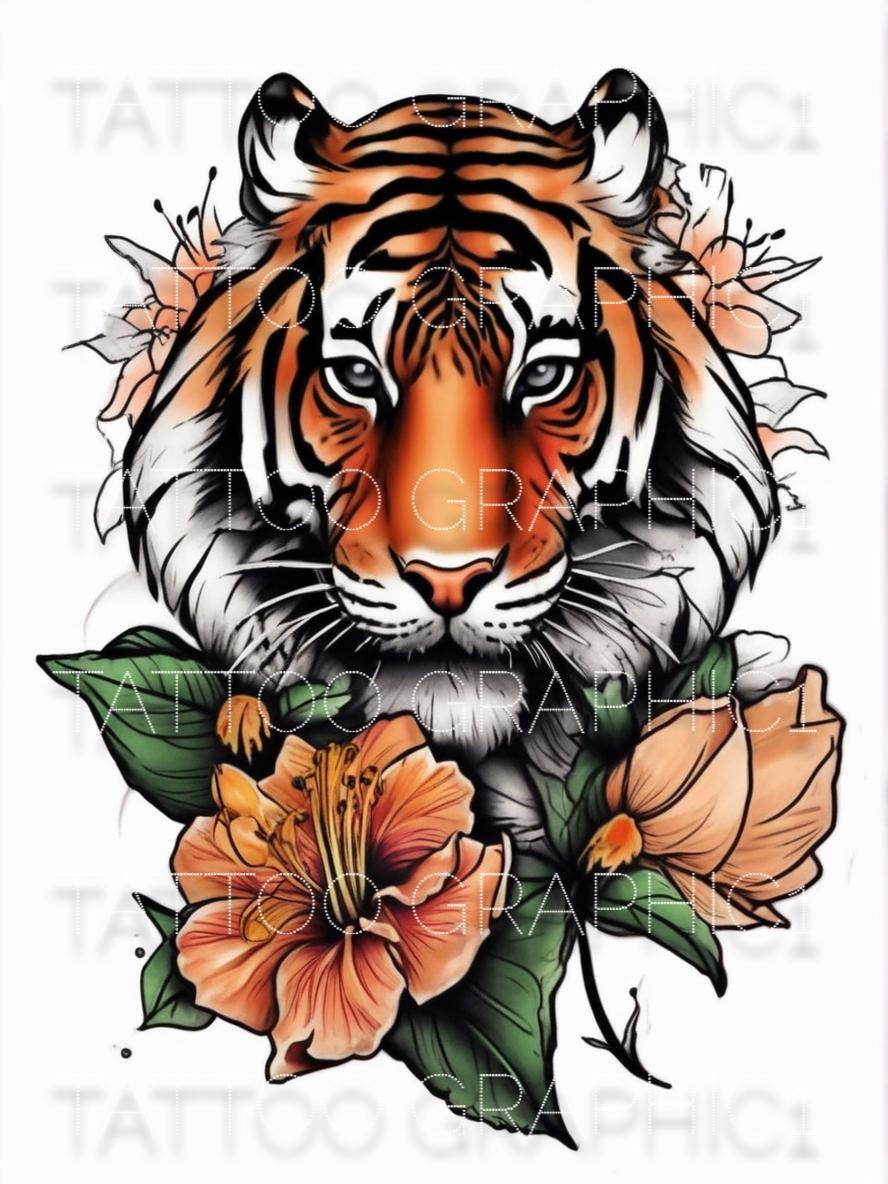 il_fullxfull.6535970220_bml7.jpg Tiger Tattoo Design for Women | Downloadable Outline Stencils | Hibiscus Peony Lily Flower Ideas for Creative Inking - Image 1
