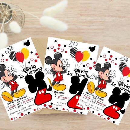 Olivia's Mickey Mouse 2nd Birthday Invitation, Personalized Kids Party Invite, Mickey Mouse Theme Party, Customizable Birthday Card
