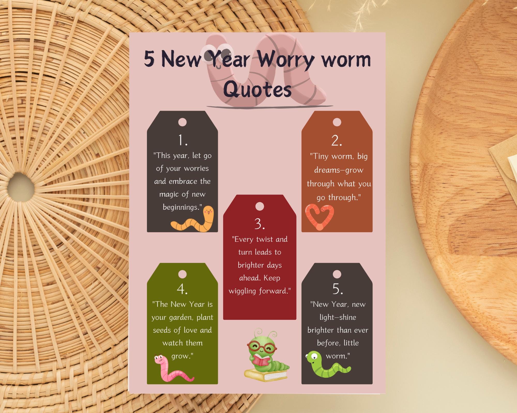 il_fullxfull.6538937094_obhv.jpg 5 New Year Worry Worm Quotes Instant Download, Digital Wall Art Prints, New Year Resolution Decor - Image 1