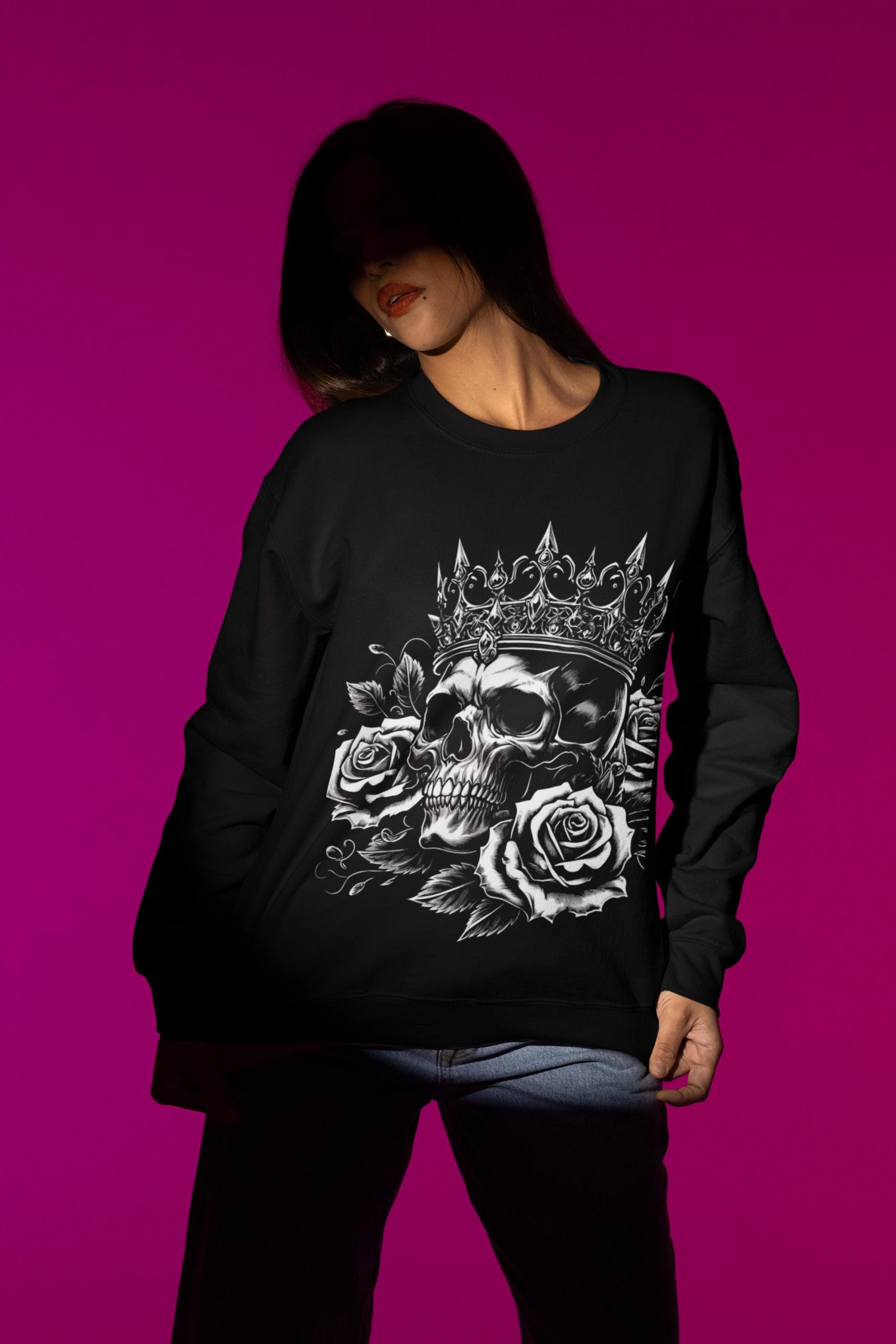 il_fullxfull.6549414571_lw04.jpg Gothic Skull with Roses Tattoo Art SVG | Spooky Floral Skull Design for T-Shirts, High-Quality PNG & Digital Download - Image 1