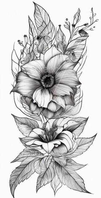 Leafy Flower Tattoo Set - 10 PNG Designs for Body and Arm, Instant Download Floral Body Art & Nature Tattoo Graphics