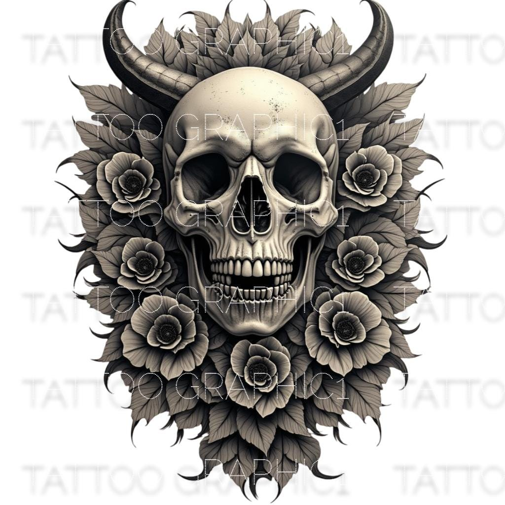 il_fullxfull.6566498617_c3f1.jpg Gothic Floral Skull Clipart Set - Tattoo Style PNGs for Crafting, Digital Download Art for DIY Projects & Scrapbooking - Image 1