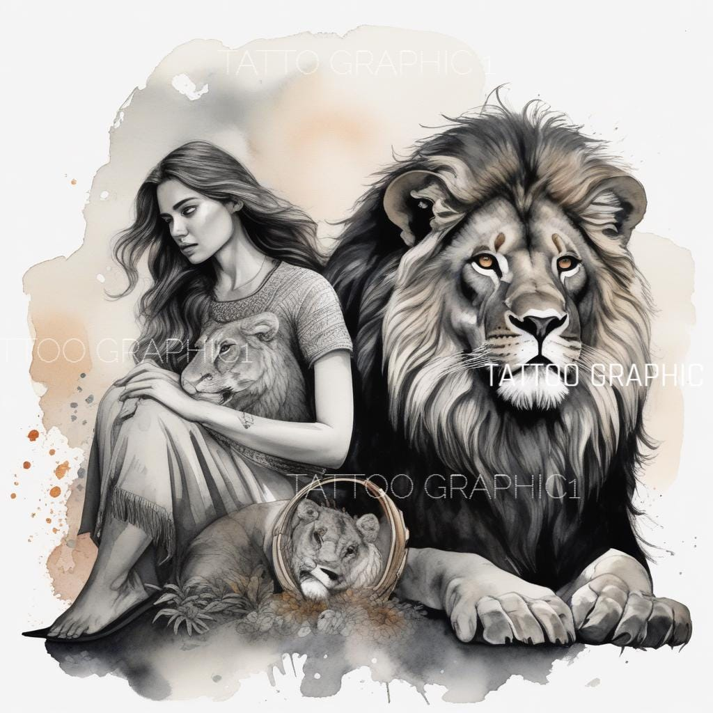 il_fullxfull.6713147067_70w8.jpg Native American Inspired Tattoo Design: High Quality Girl & Lion PNG for Body Art, Craft and Decor - Image 1