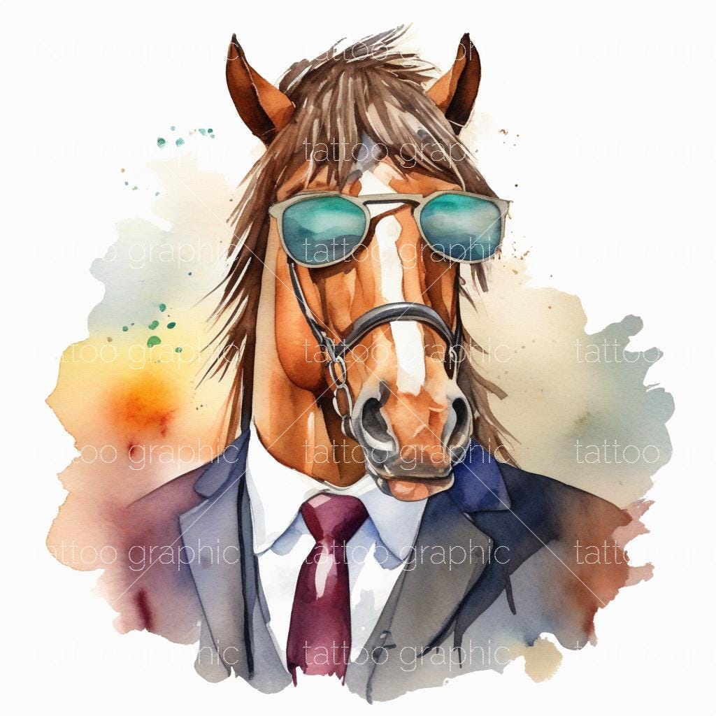 il_fullxfull.6719936257_k3ao.jpg Cool Horse Illustrations - 12 Watercolor Clip Art in Sunglasses | Printable Graphics for Crafts & Decor - Image 1